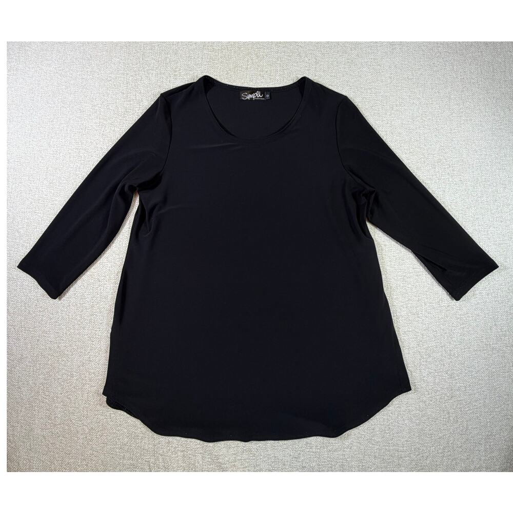 Sympli Women 12 Black Slinky Knit 3/4 Sleeve Minimalist Travel Stretch Top